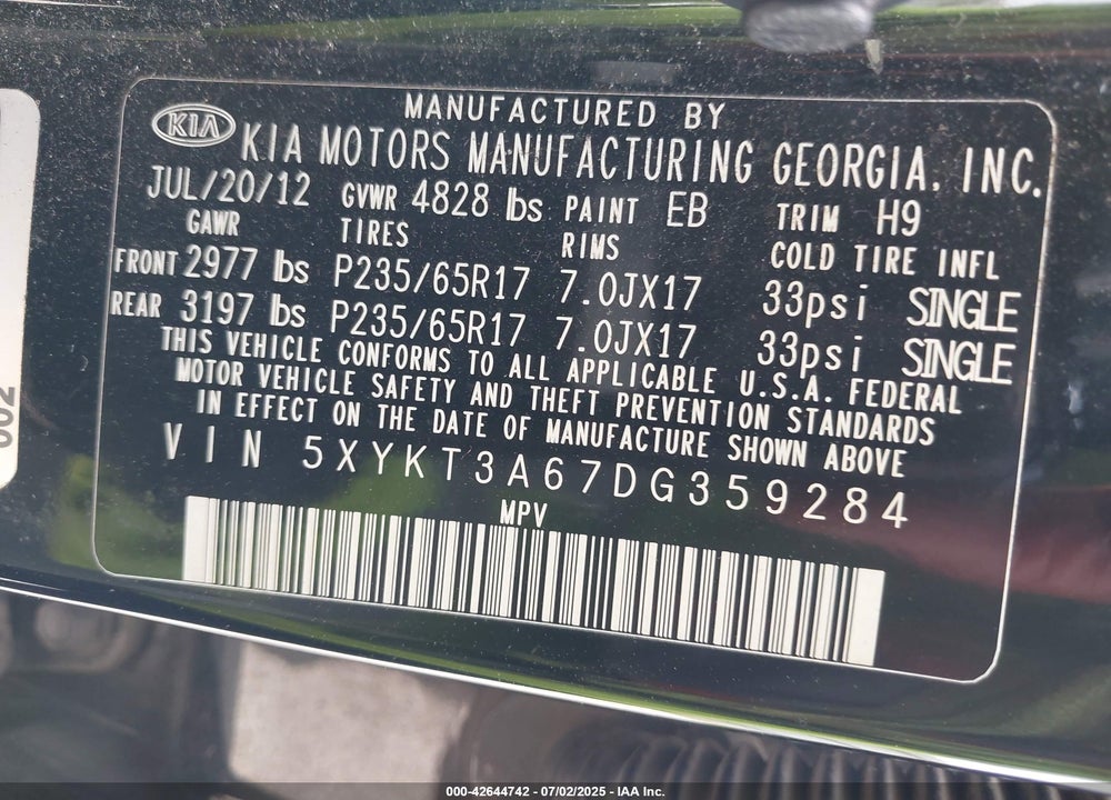 2013 KIA SORENTO VIN: 5XYKT3A67DG359284