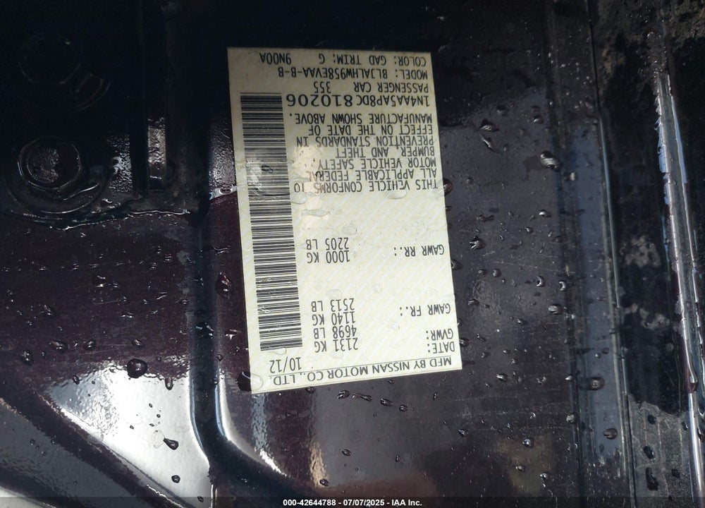 2013 NISSAN MAXIMA VIN: 1N4AA5AP8DC810206