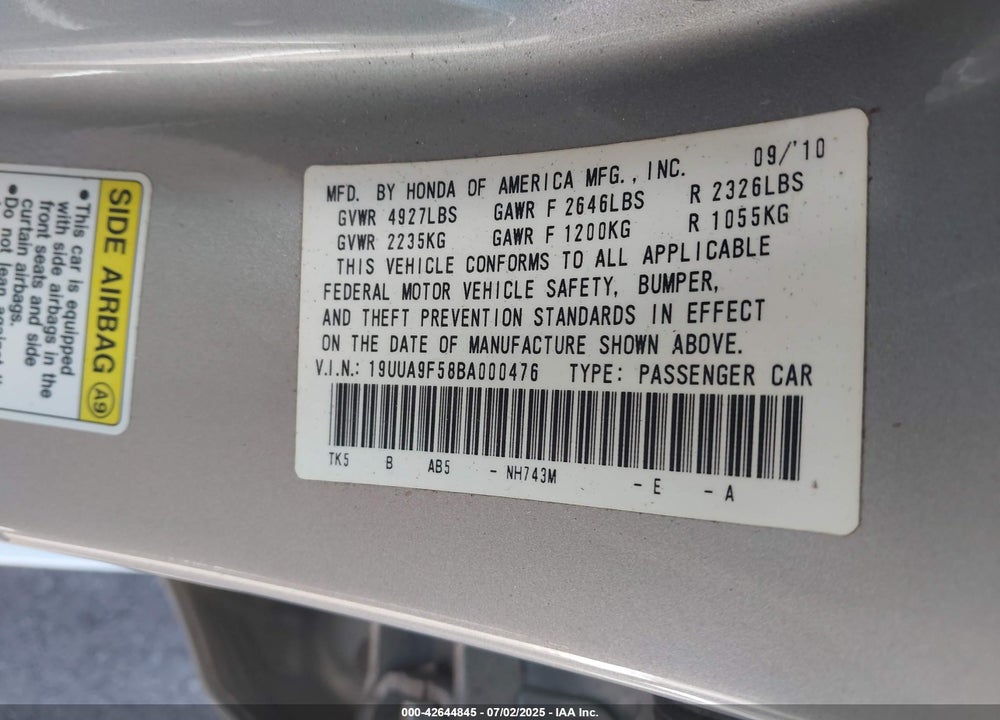 2011 ACURA TL VIN: 19UUA9F58BA000476