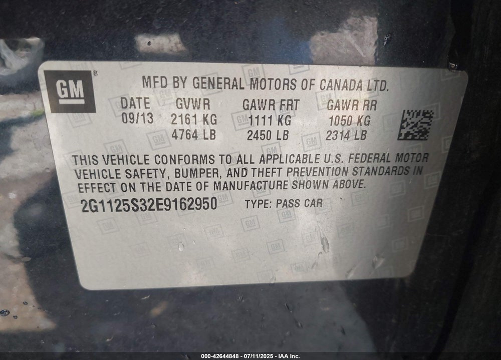 2014 CHEVROLET IMPALA VIN: 2G1125S32E9162950
