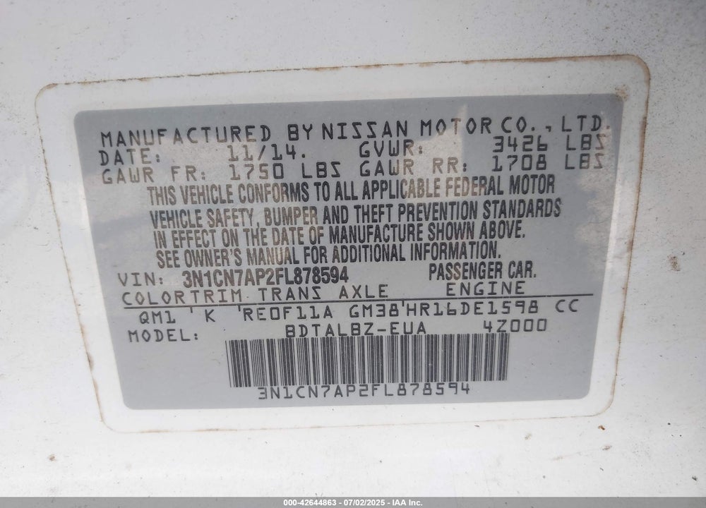 2015 NISSAN VERSA VIN: 3N1CN7AP2FL878594