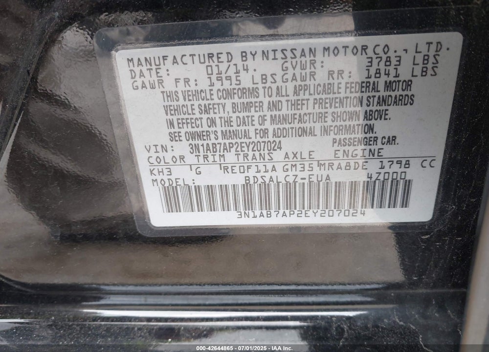 2014 NISSAN SENTRA VIN: 3N1AB7AP2EY207024