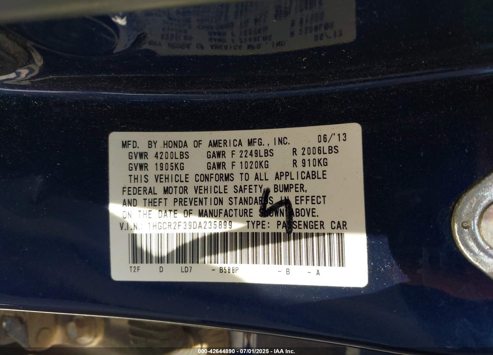 2013 HONDA ACCORD LX VIN: 1HGCR2F39DA235899