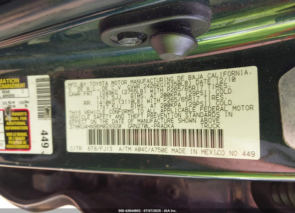 2011 TOYOTA TACOMA VIN: 3TMKU4HN9BM028920
