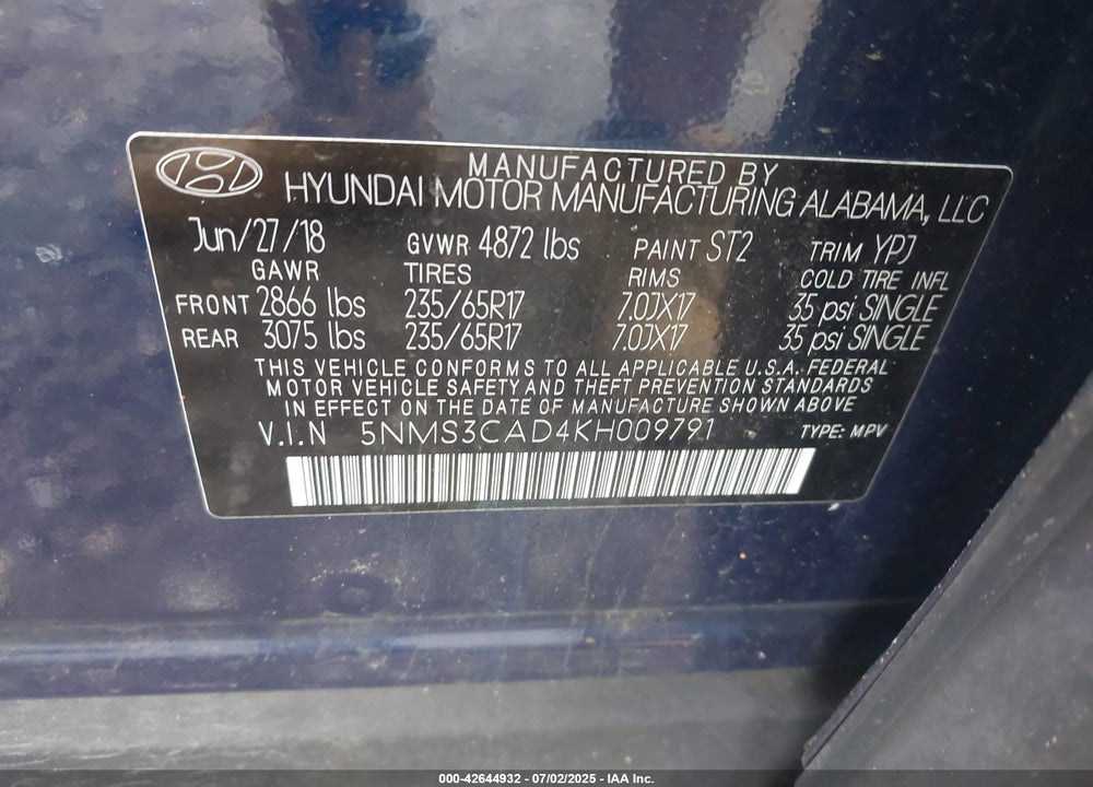 2019 HYUNDAI SANTA FE VIN: 5NMS3CAD4KH009791