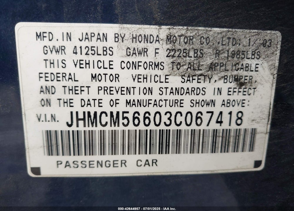 2003 HONDA ACCORD 2.4 EX VIN: JHMCM56603C067418