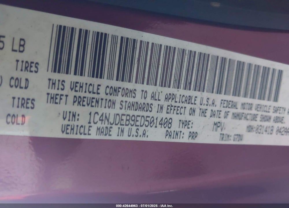 2014 JEEP COMPASS VIN: 1C4NJDEB9ED501408