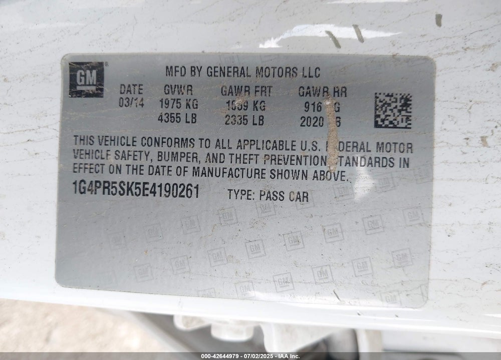 2014 BUICK VERANO VIN: 1G4PR5SK5E4190261