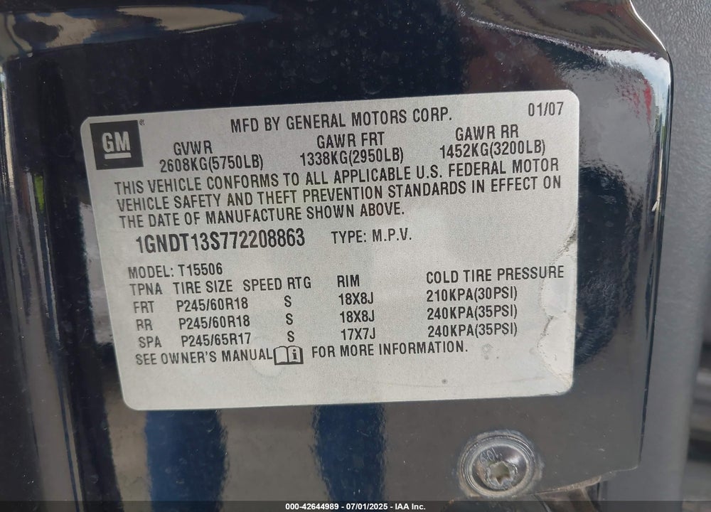 2007 CHEVROLET TRAILBLAZER LT VIN: 1GNDT13S772208863