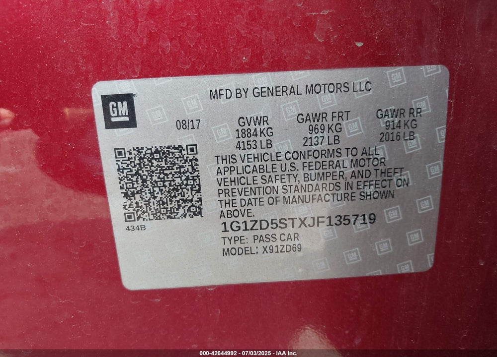 2018 CHEVROLET MALIBU VIN: 1G1ZD5STXJF135719