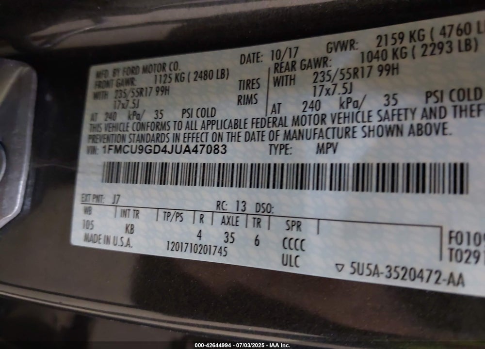 2018 FORD ESCAPE VIN: 1FMCU9GD4JUA47083