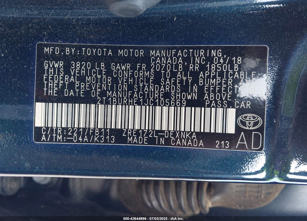 2018 TOYOTA COROLLA VIN: 2T1BURHE1JC105669