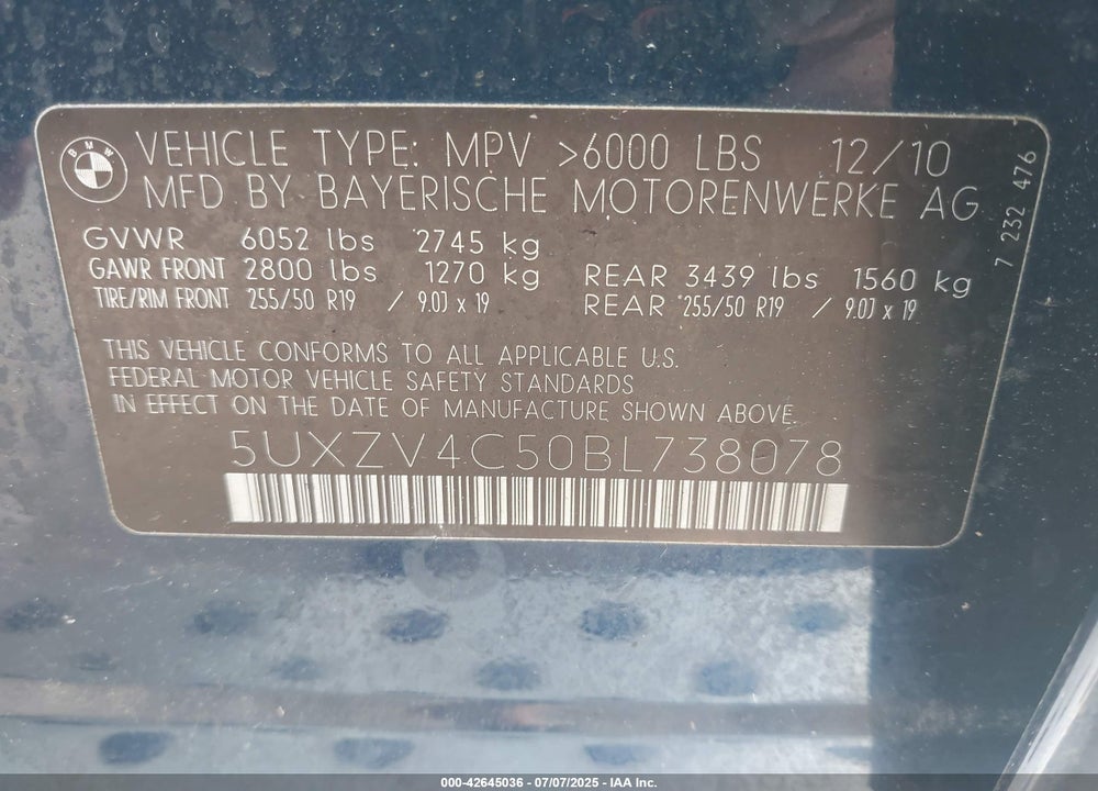 2011 BMW X5 VIN: 5UXZV4C50BL738078