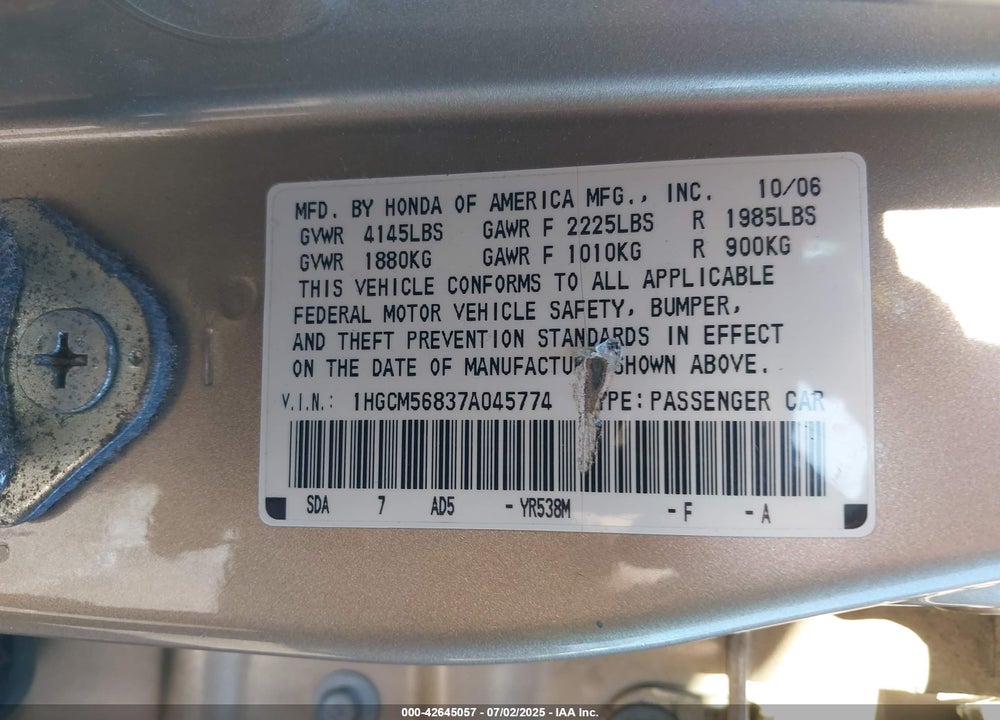 2007 HONDA ACCORD VIN: 1HGCM56837A045774