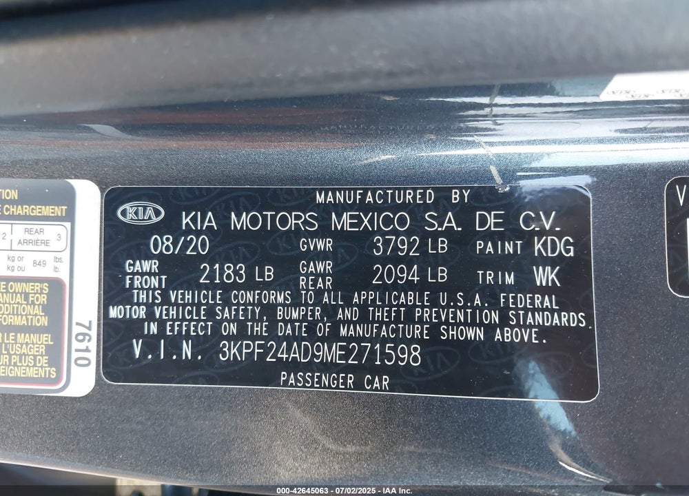 2021 KIA FORTE VIN: 3KPF24AD9ME271598