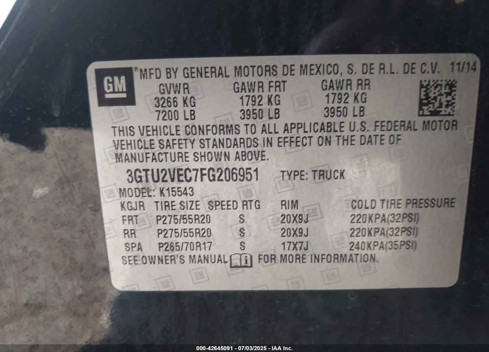 2015 GMC SIERRA 1500 VIN: 3GTU2VEC7FG206951
