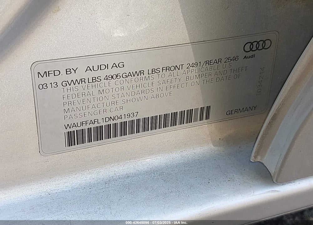 2013 AUDI A4 VIN: WAUFFAFL1DN041937