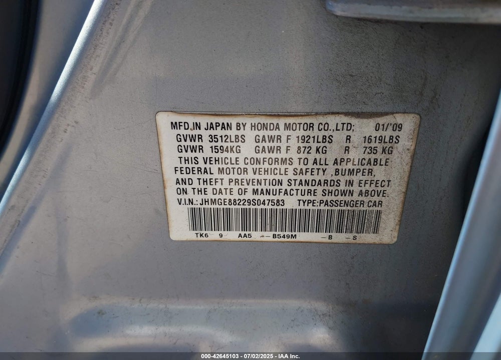 2009 HONDA FIT VIN: JHMGE88229S047583