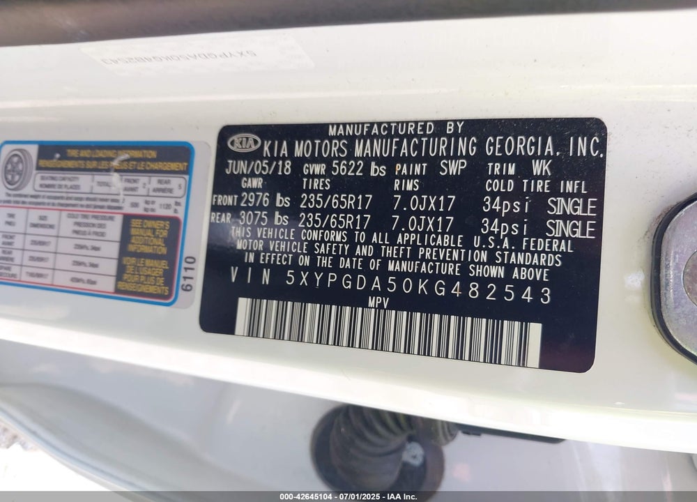 2019 KIA SORENTO VIN: 5XYPGDA50KG482543