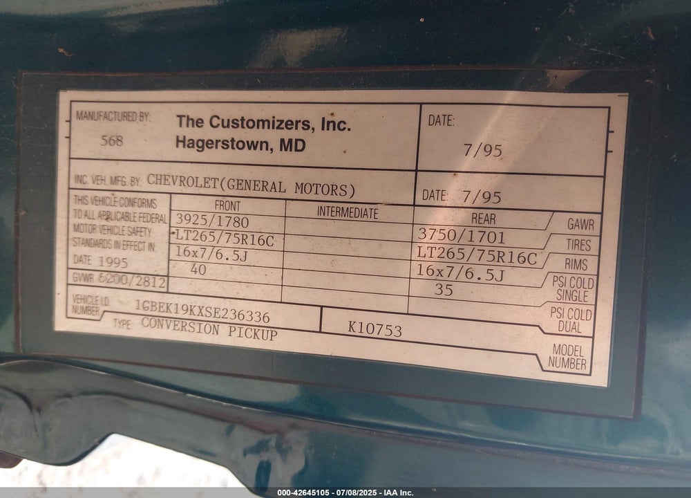 1995 CHEVROLET GMT-400 K1500 VIN: 1GBEK19KXSE236336