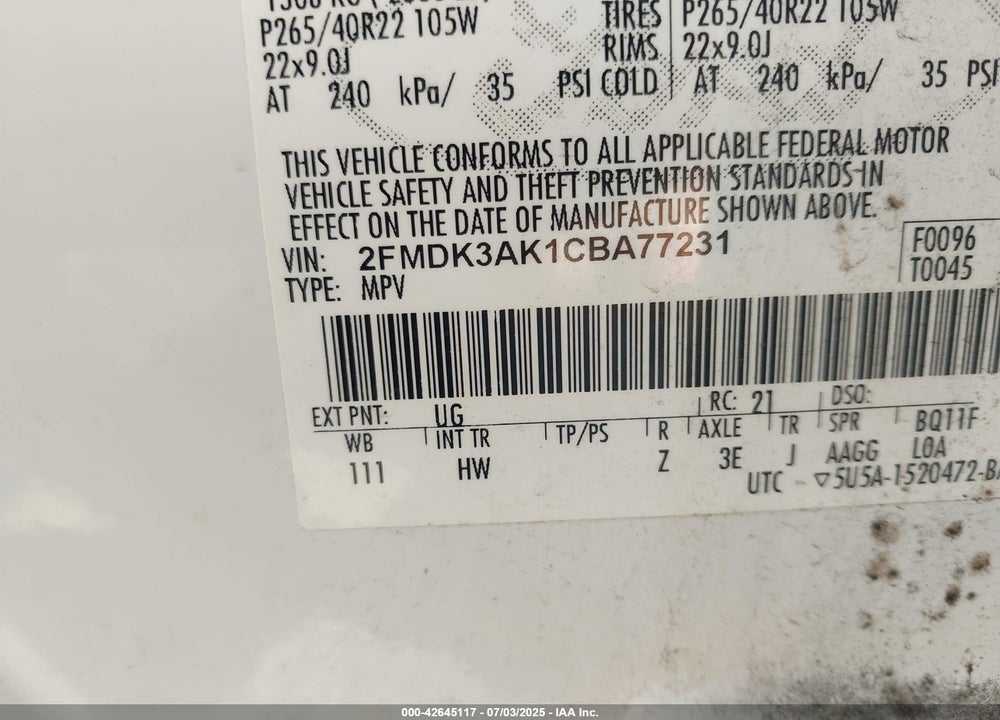 2012 FORD EDGE SPORT VIN: 2FMDK3AK1CBA77231