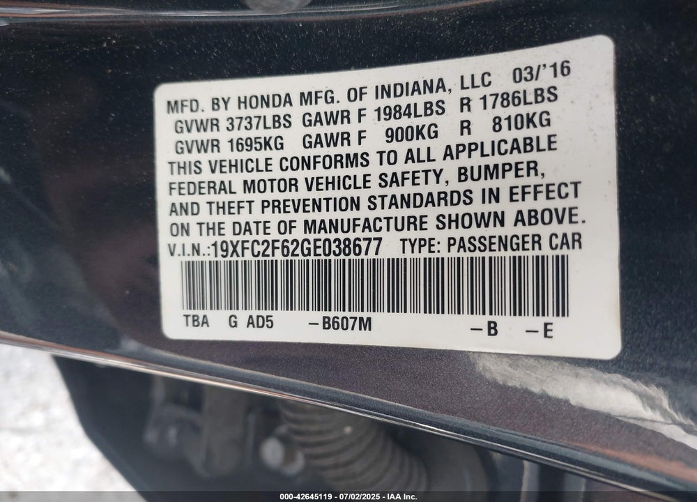 2016 HONDA CIVIC VIN: 19XFC2F62GE038677