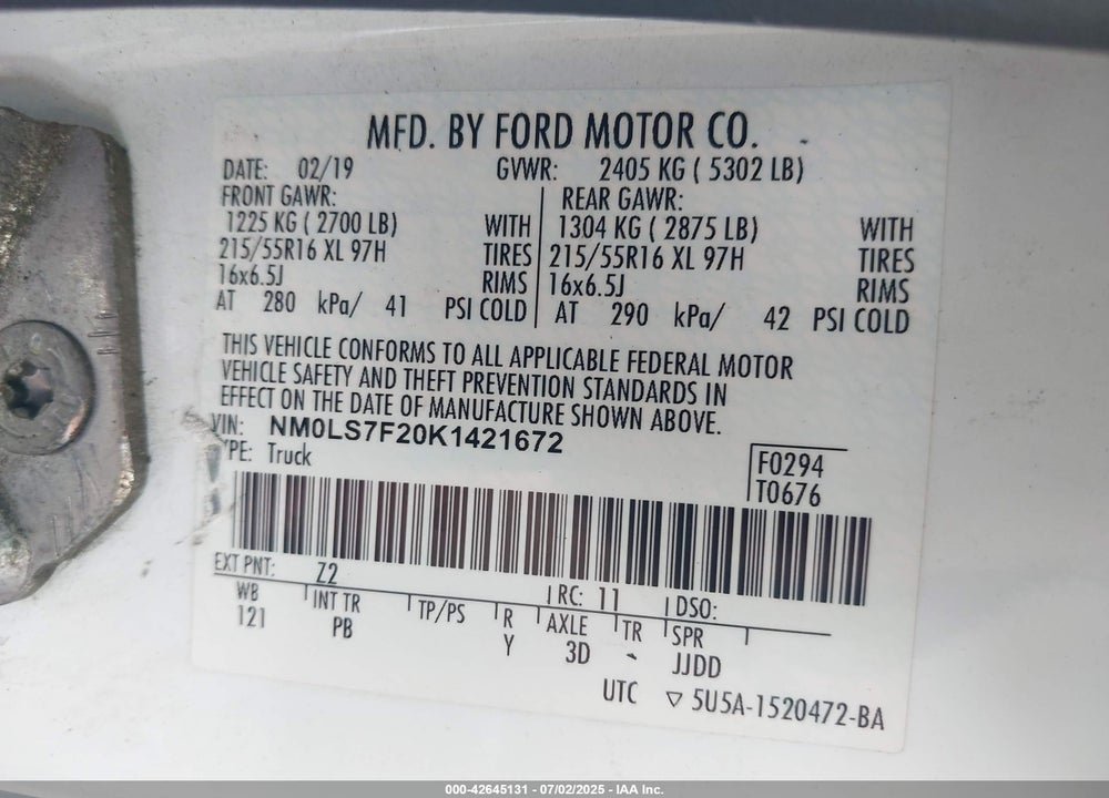2019 FORD TRANSIT CONNECT XLT VIN: NM0LS7F20K1421672