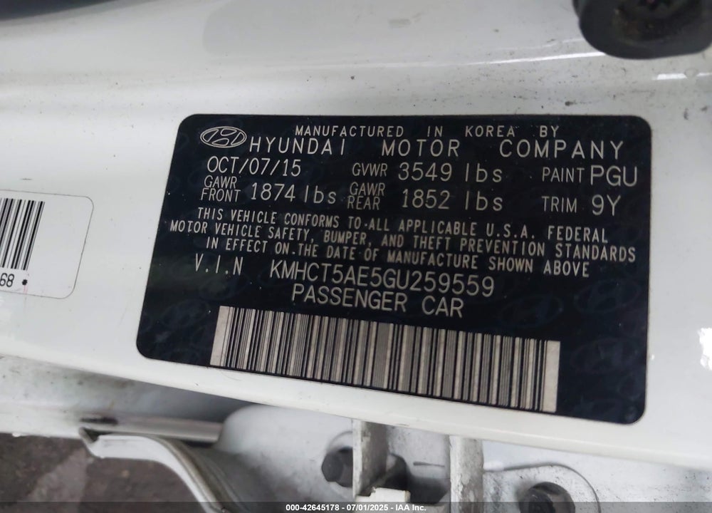 2016 HYUNDAI ACCENT VIN: KMHCT5AE5GU259559
