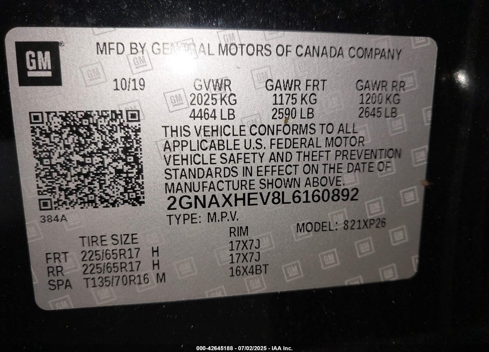 2020 CHEVROLET EQUINOX VIN: 2GNAXHEV8L6160892
