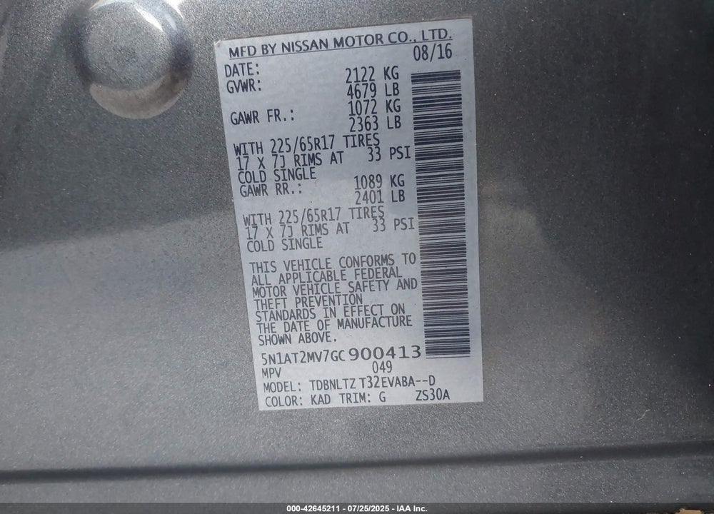 2016 NISSAN ROGUE SV VIN: 5N1AT2MV7GC900413