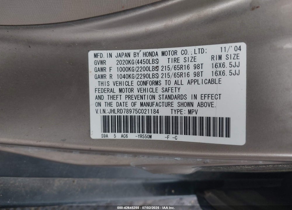 2005 HONDA CR-V SE VIN: JHLRD78975C021184