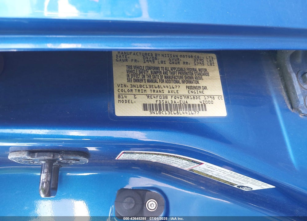 2008 NISSAN VERSA VIN: 3N1BC13E68L441677