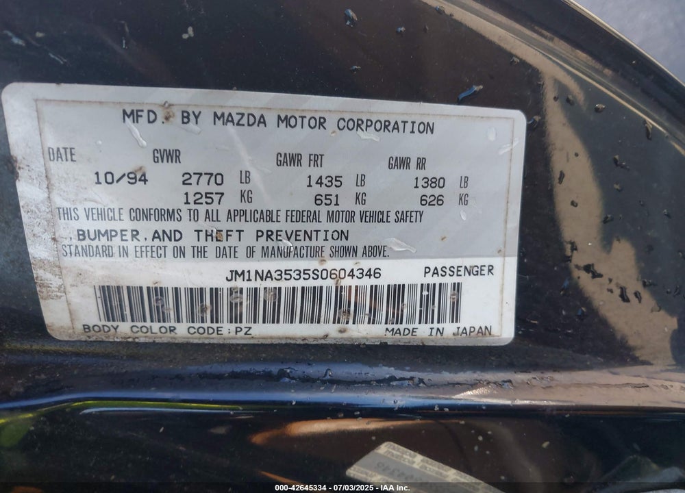 1995 MAZDA MX-5 MIATA VIN: JM1NA3535S0604346