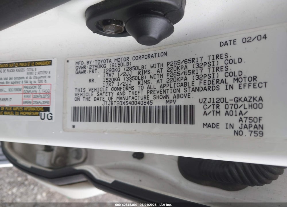 2004 LEXUS GX 470 VIN: JTJBT20X540040845