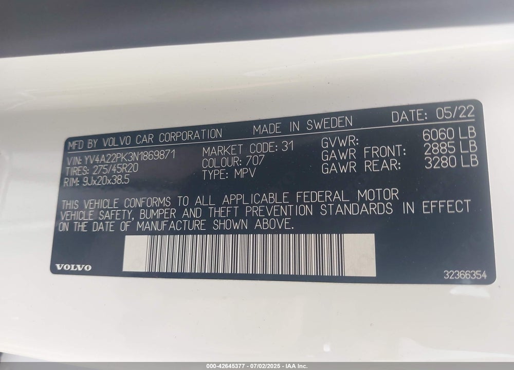 2022 VOLVO XC90 T6 MOMENTUM 7 PASSENGER VIN: YV4A22PK3N1869871