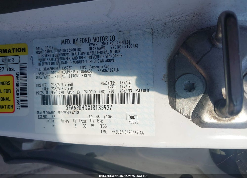 2018 FORD FUSION VIN: 3FA6P0HDXJR135927