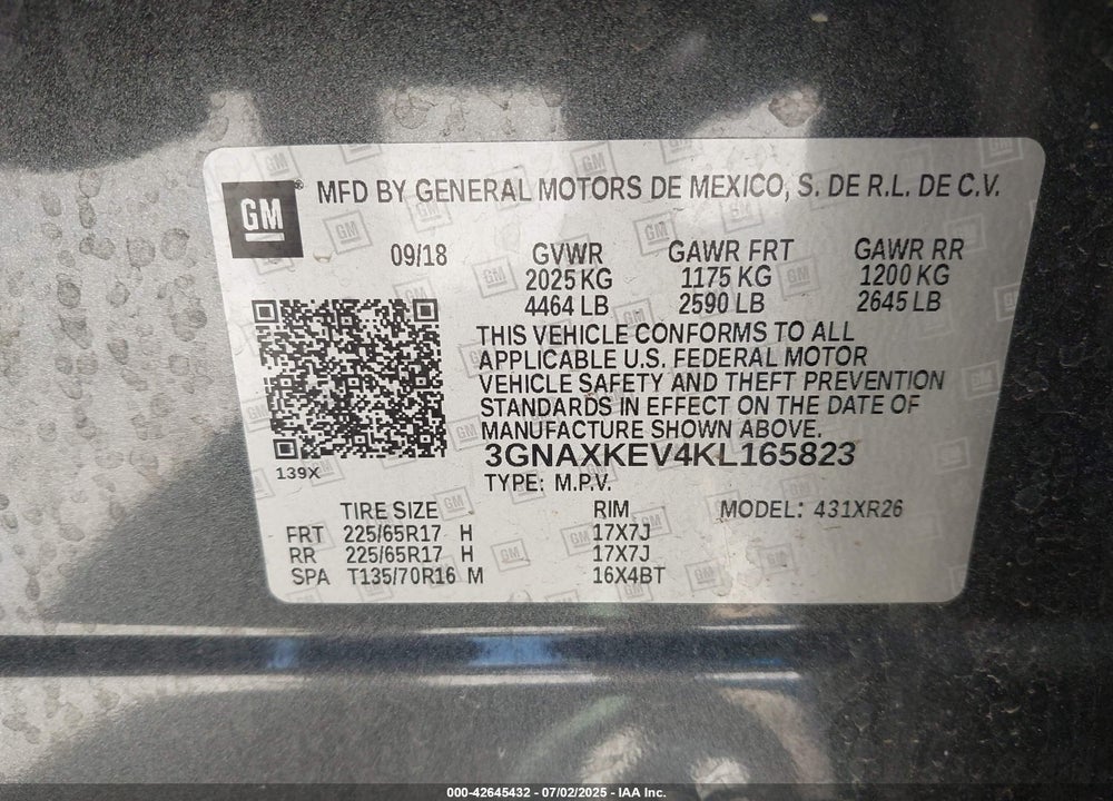 2019 CHEVROLET EQUINOX VIN: 3GNAXKEV4KL165823