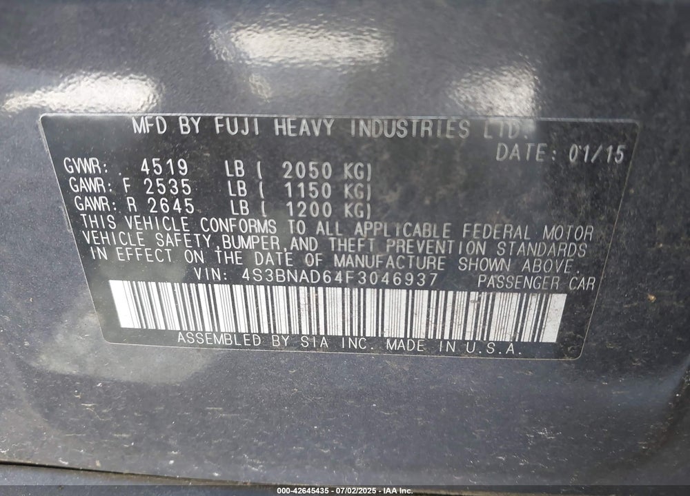 2015 SUBARU LEGACY VIN: 4S3BNAD64F3046937