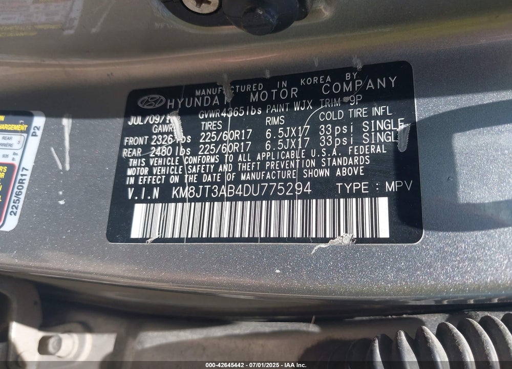 2013 HYUNDAI TUCSON GL VIN: KM8JT3AB4DU775294