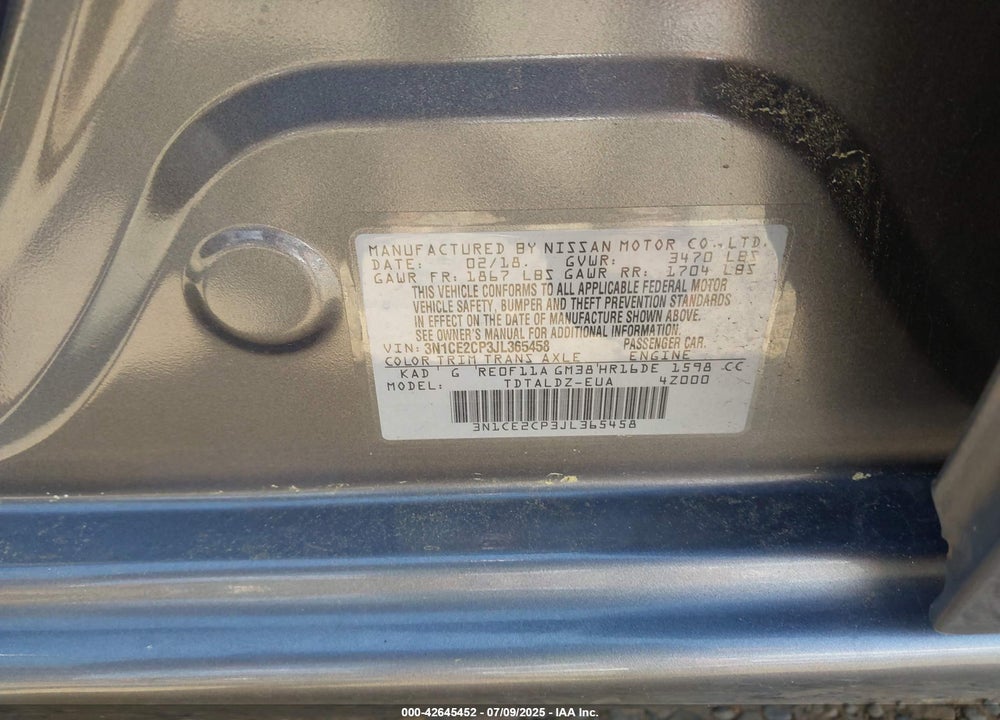 2018 NISSAN VERSA NOTE VIN: 3N1CE2CP3JL365458