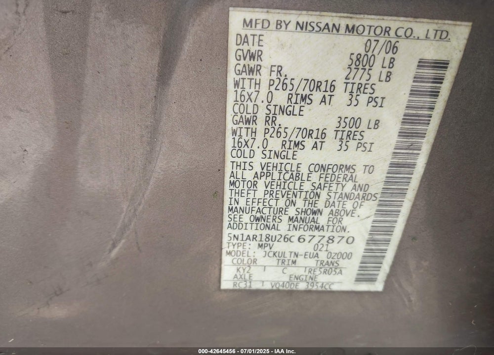 2006 NISSAN PATHFINDER VIN: 5N1AR18U26C677870