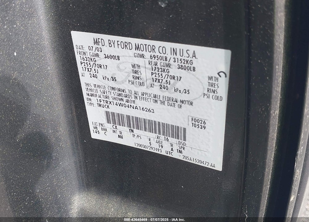 2004 FORD F-150 STX/XL/XLT VIN: 1FTRX14W04NA16263