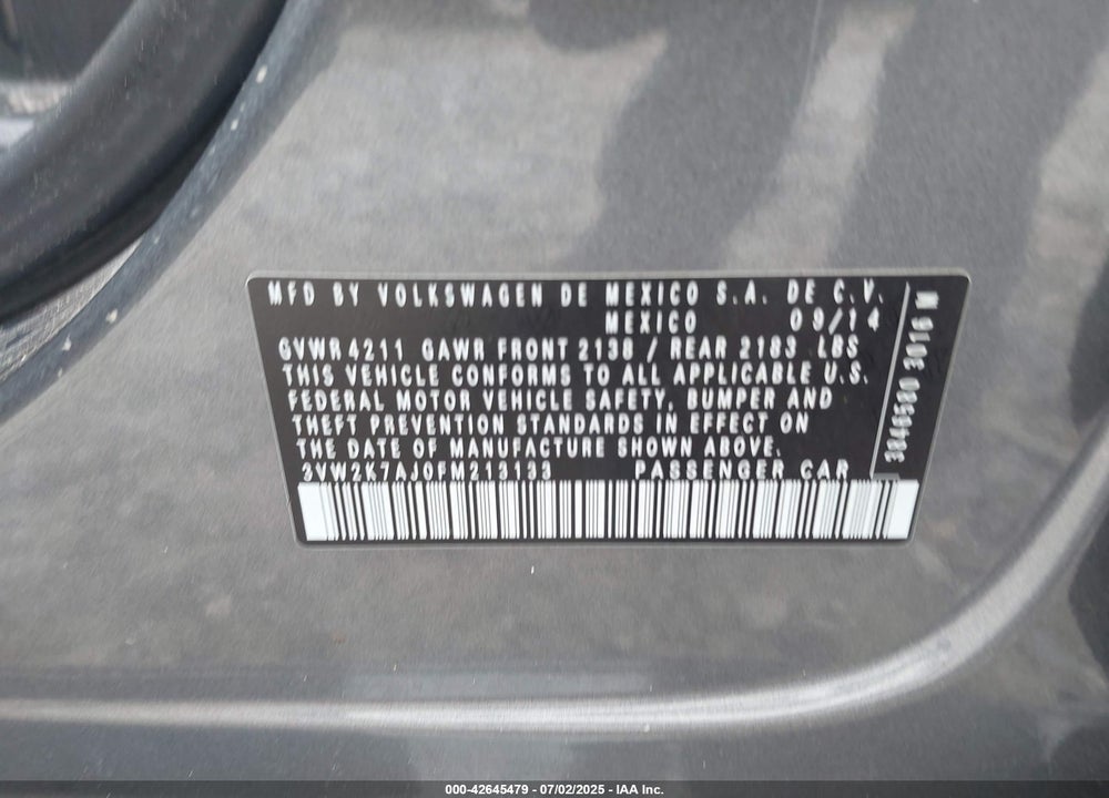 2015 VOLKSWAGEN JETTA VIN: 3VW2K7AJ0FM213133