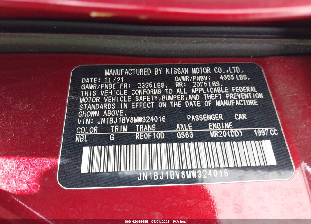 2021 NISSAN ROGUE SPORT SV FWD XTRONIC CVT VIN: JN1BJ1BV8MW324016