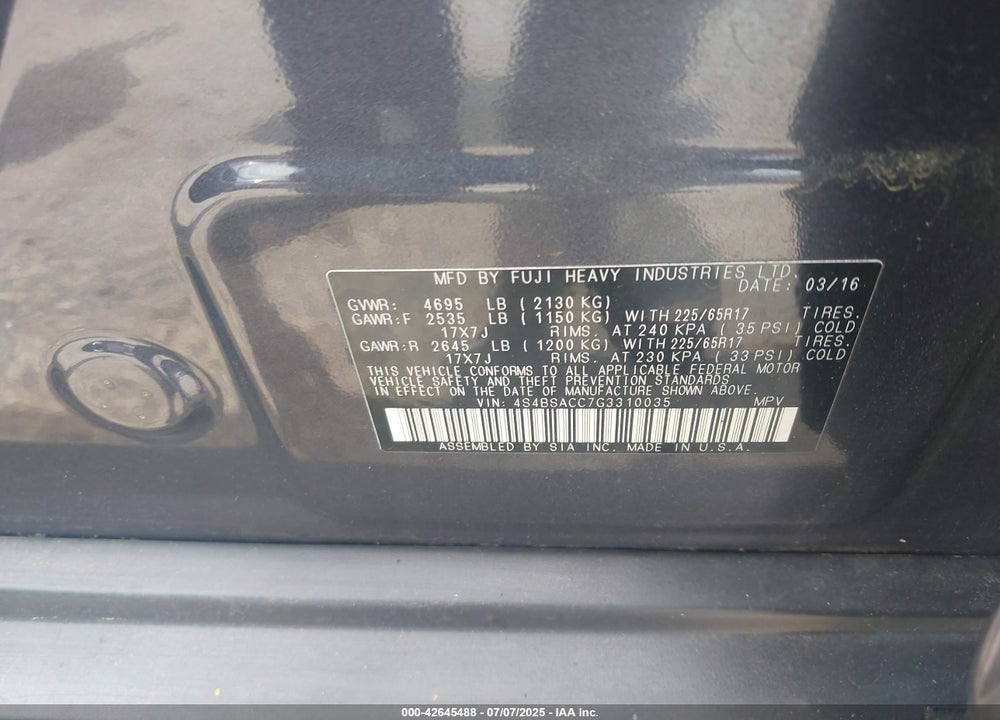 2016 SUBARU OUTBACK VIN: 4S4BSACC7G3310035