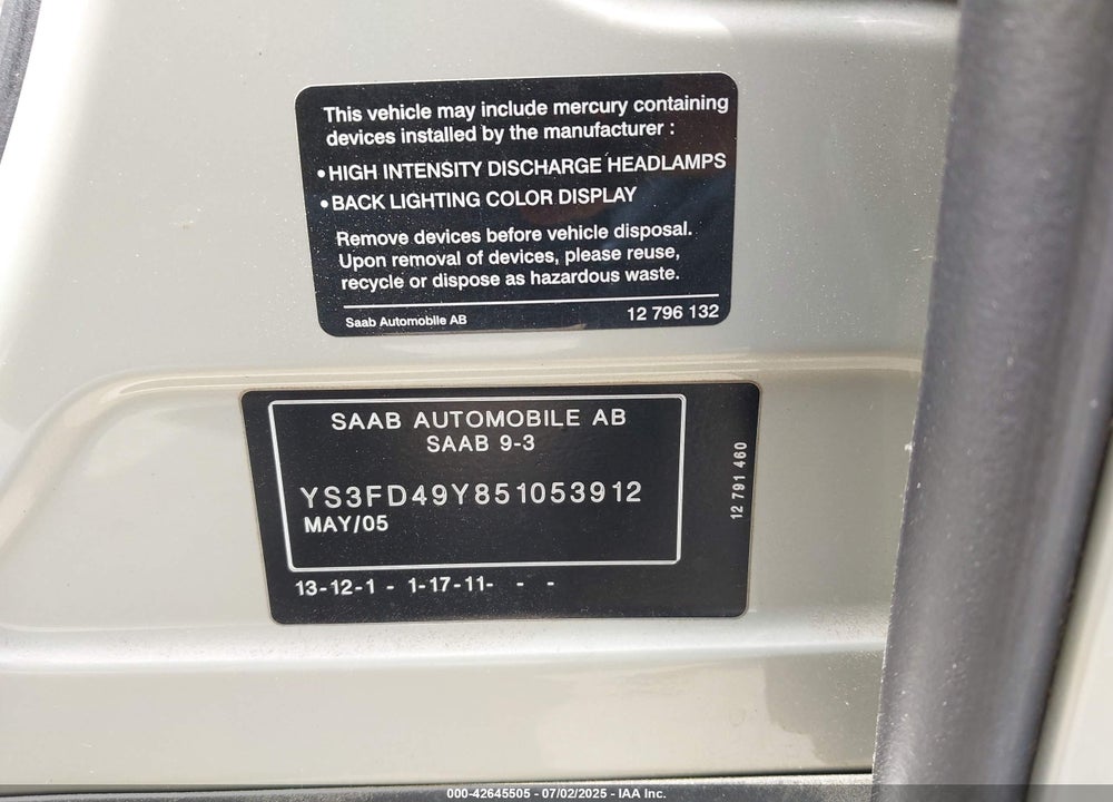 2005 SAAB 9-3 ARC VIN: YS3FD49Y851053912
