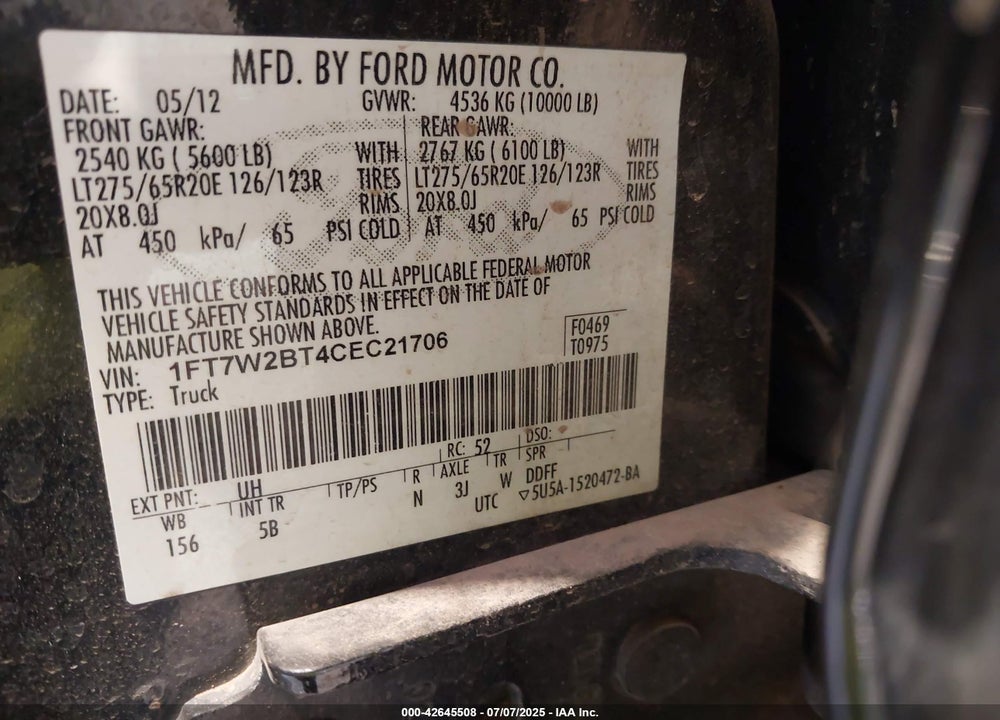 2012 FORD F-250 VIN: 1FT7W2BT4CEC21706