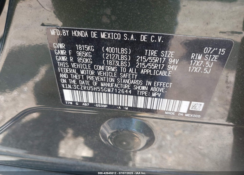 2016 HONDA HR-V EX VIN: 3CZRU5H55GM712644