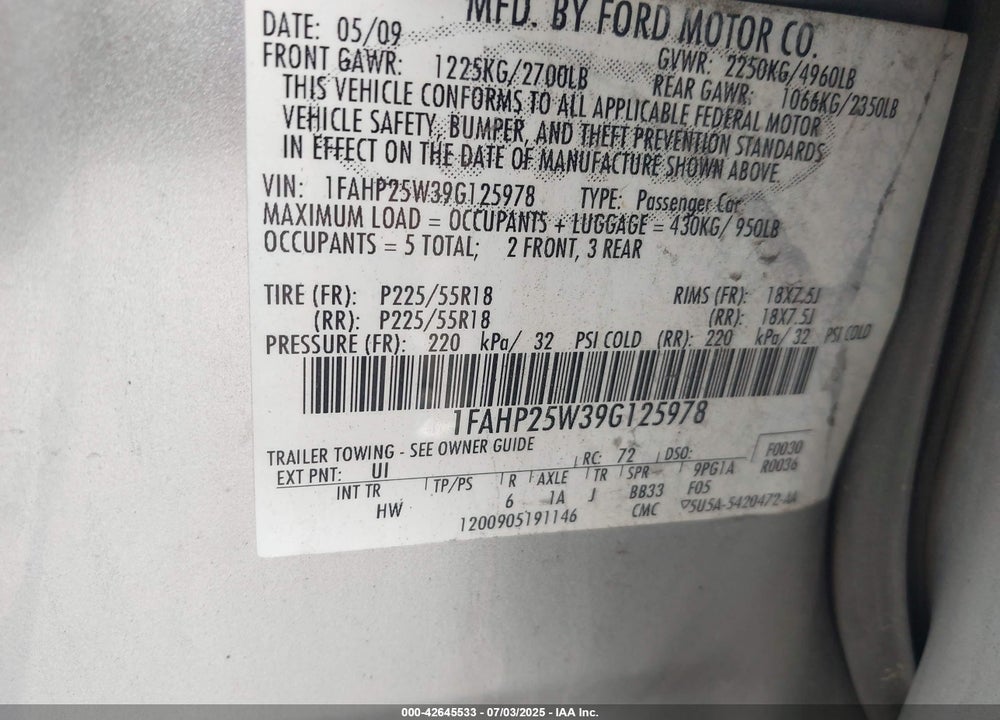 2009 FORD TAURUS VIN: 1FAHP25W39G125978