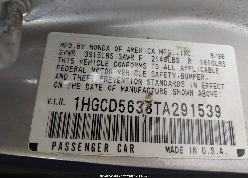 1996 HONDA ACCORD LX/EX VIN: 1HGCD5638TA291539